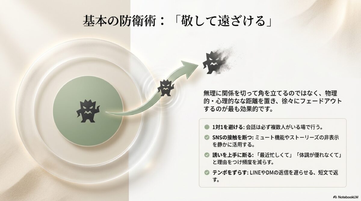 基本の防衛術：「敬して遠ざける」