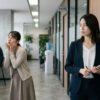 職場男性にぶりっ子な仕草で話しかける女性社員とイライラせず冷静に対処する女性同僚の画像