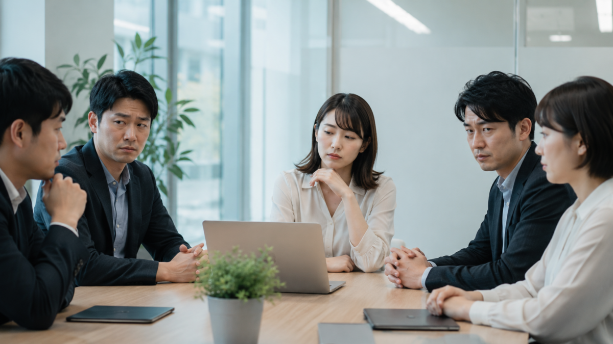 職場のテイカー女が信頼や協力を失う会議のイメージ