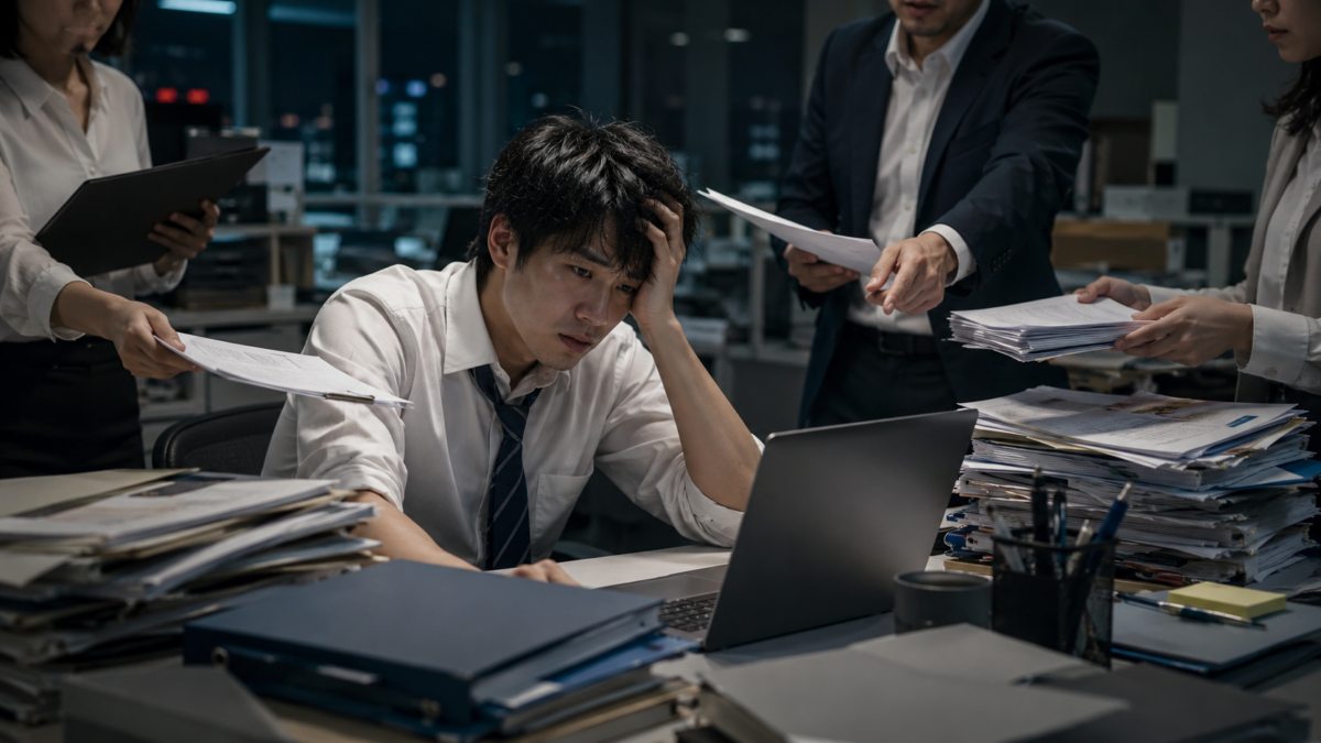 頼まれごとを抱えすぎて疲弊するボトムギバーの男性