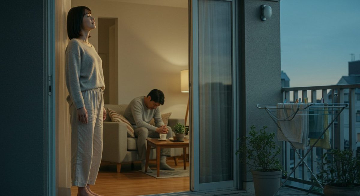 不機嫌な夫と距離を置くためにベランダで深呼吸して心を落ち着かせる妻の姿