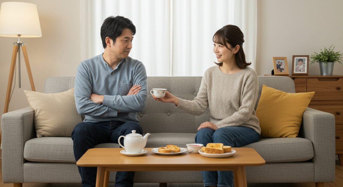 夫にお茶を渡し、関係性の改善をおこなう妻の姿