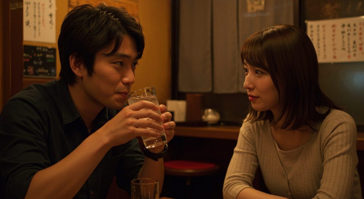 女性に興味があってアプローチしたい男性と、そのサインを見抜くために男性を見つめる女性のイメージ画像