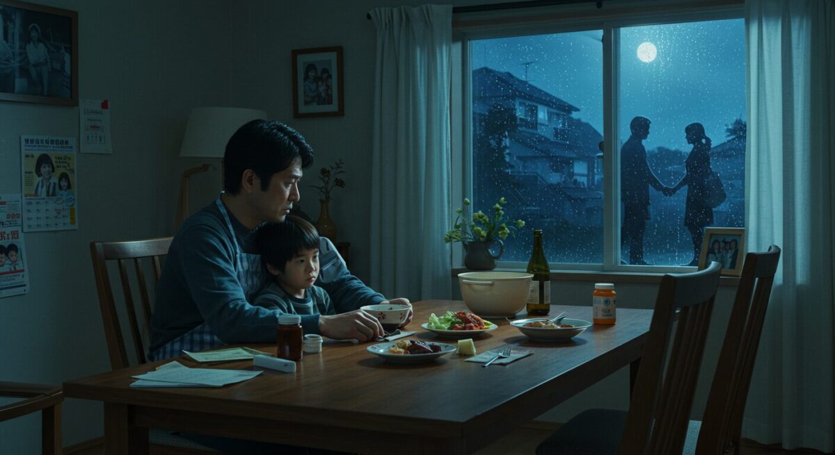 妻が婚外恋愛をしていると知って悲しみに暮れる夫と息子のイメージ画像