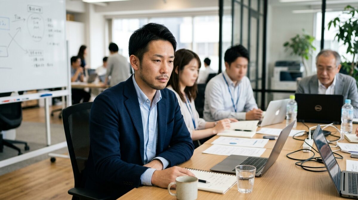 オフィスで自分の考えや判断を振り返りながら仕事を進める男性。メタ認知を活用して業務を客観視しているイメージ
