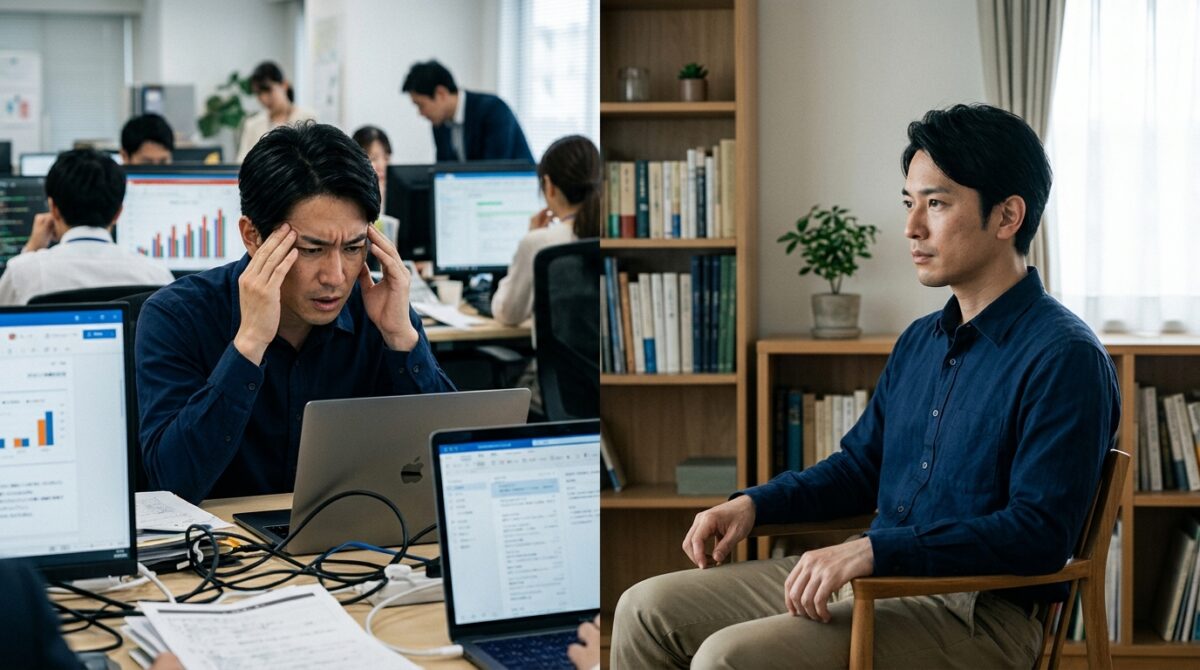 ストレスで混乱した状態と冷静に自分を客観視する状態を比較したイメージ。メタ認知による感情コントロールを表現