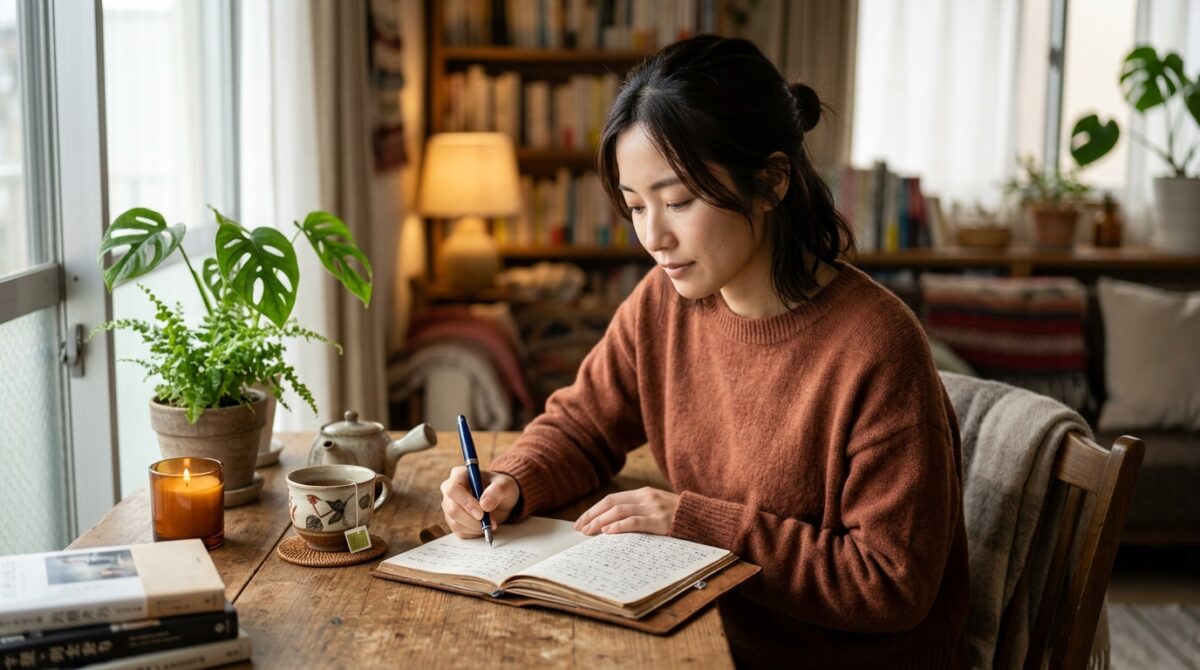 メタ認知を高めるためにノートへ自己分析や振り返りを書き込む女性