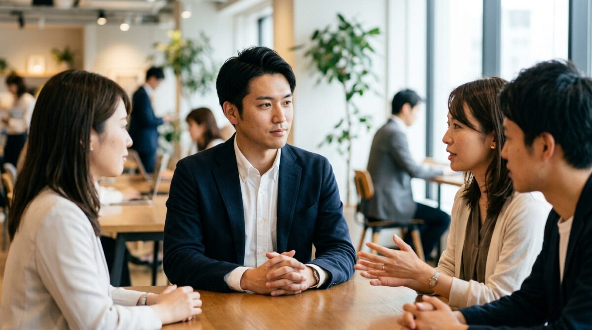 会議で相手の意見を聞きながら自分の考えを整理する男性。メタ認知によるコミュニケーション能力向上のイメージ