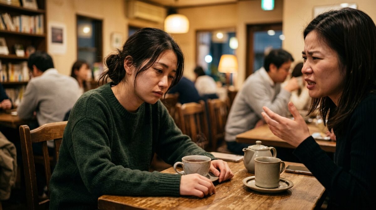カフェで不安そうな表情で話を聞く女性とネガティブな人の特徴や心理を表すイメージ