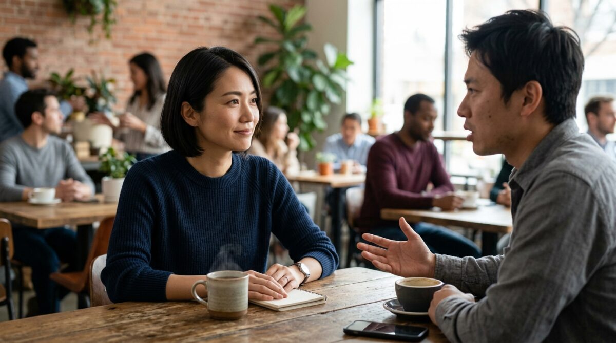 カフェで会話する男女とネガティブな人の特徴や心理をイメージした様子