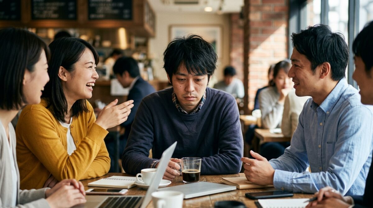 カフェで会話する男女とネガティブな人の特徴や心理をイメージした様子